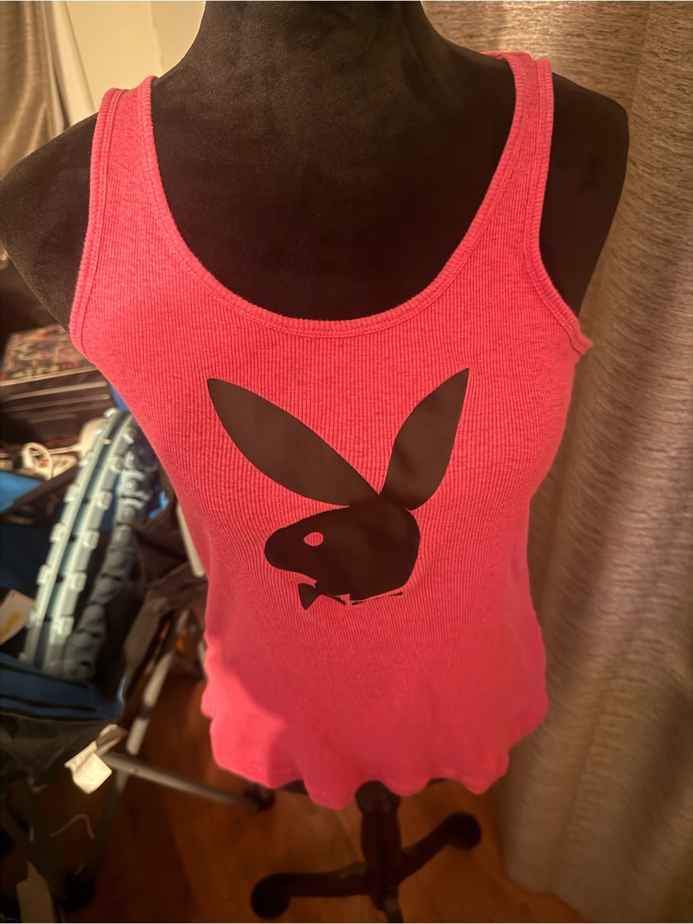 PLAYBOY Hot Pink Ribbed Tank with Black Bunny Print